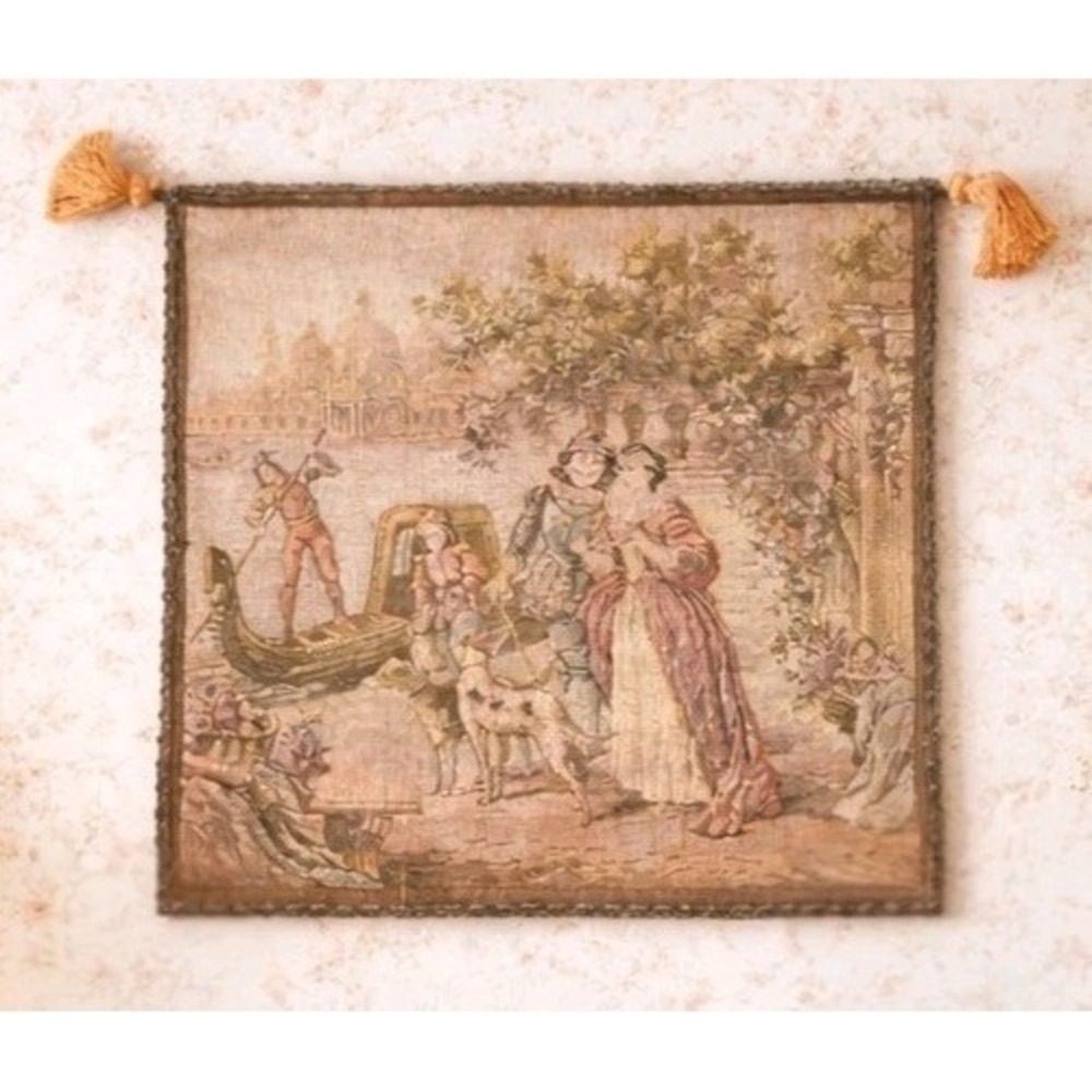 VTG Tapestry Wall Romantic Scene Dogs Tassels Cottagecore Ready 2 Hang SZ 20x20